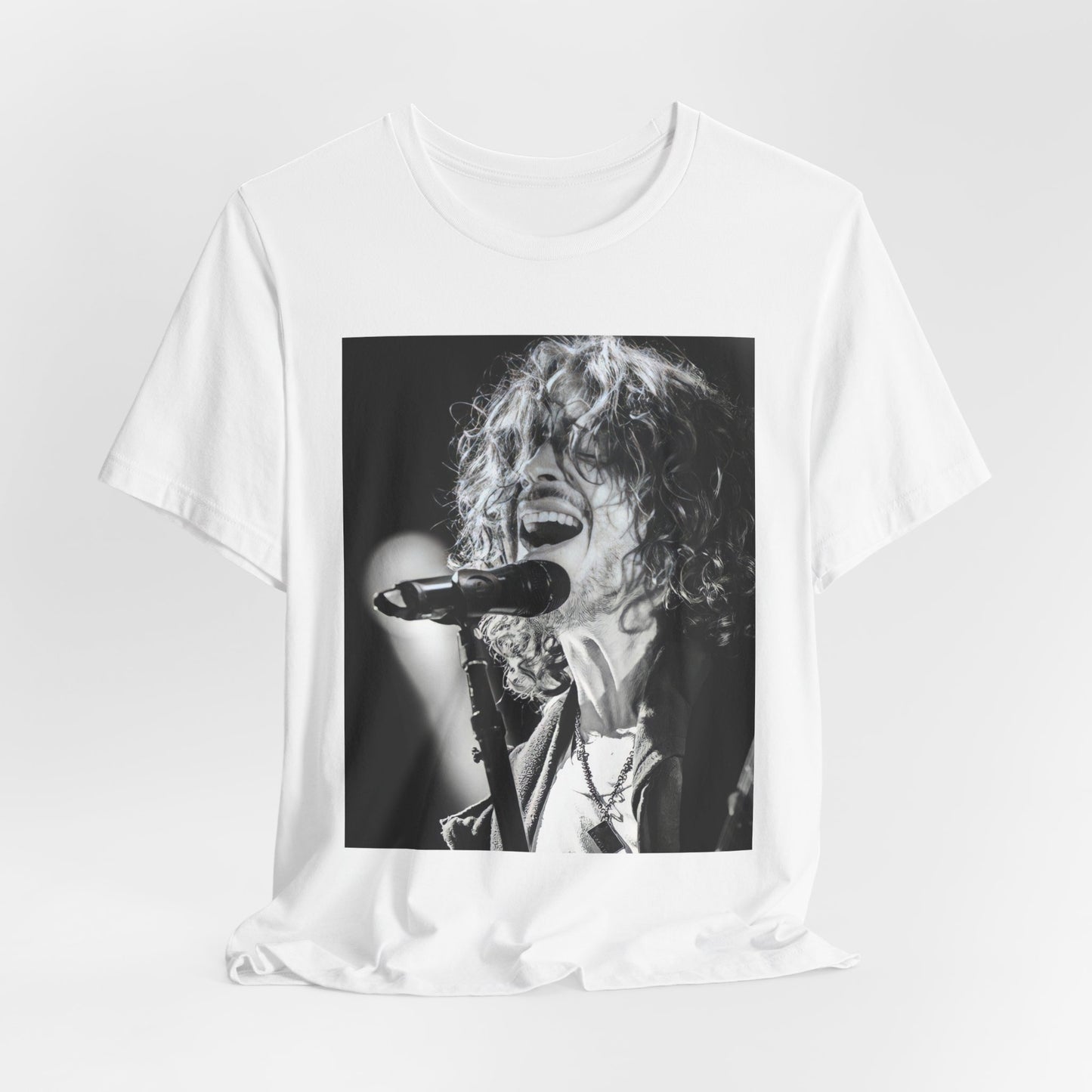 A black graphic t-shirt featuring a graphic related to Chris Cornell's song "Cochise" or Audioslave.