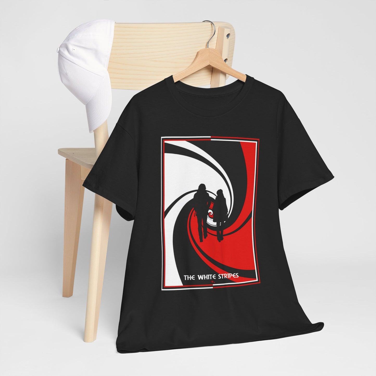 A black graphic t-shirt featuring a minimalist design graphic for The White Stripes.