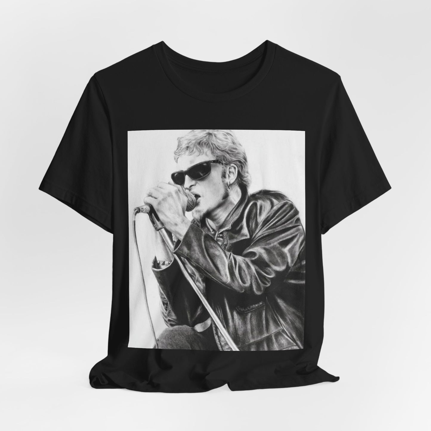 A black graphic t-shirt featuring a photo of Layne Staley from Alice In Chains performing live in concert, showing his intense stage presence.