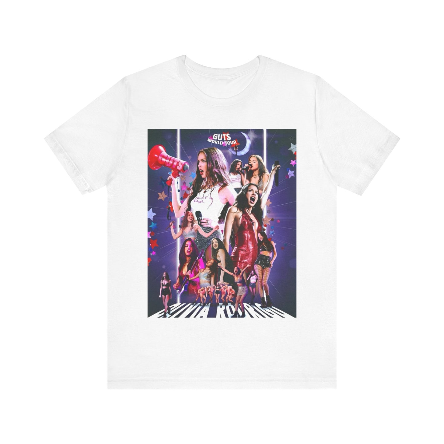 A black graphic t-shirt featuring a bootleg graphic of Olivia Rodrigo.