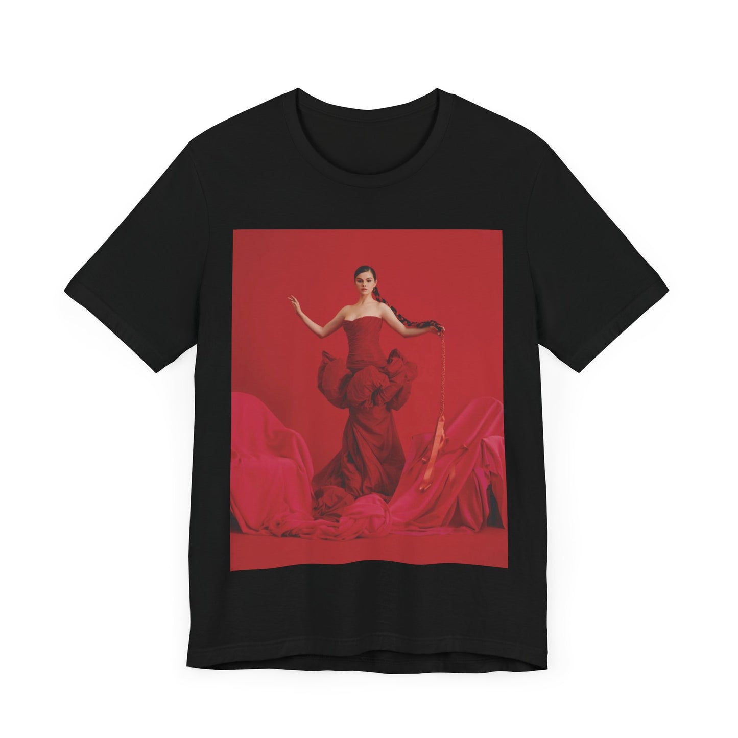 A black graphic t-shirt featuring a glam pop diva graphic of Selena Gomez.