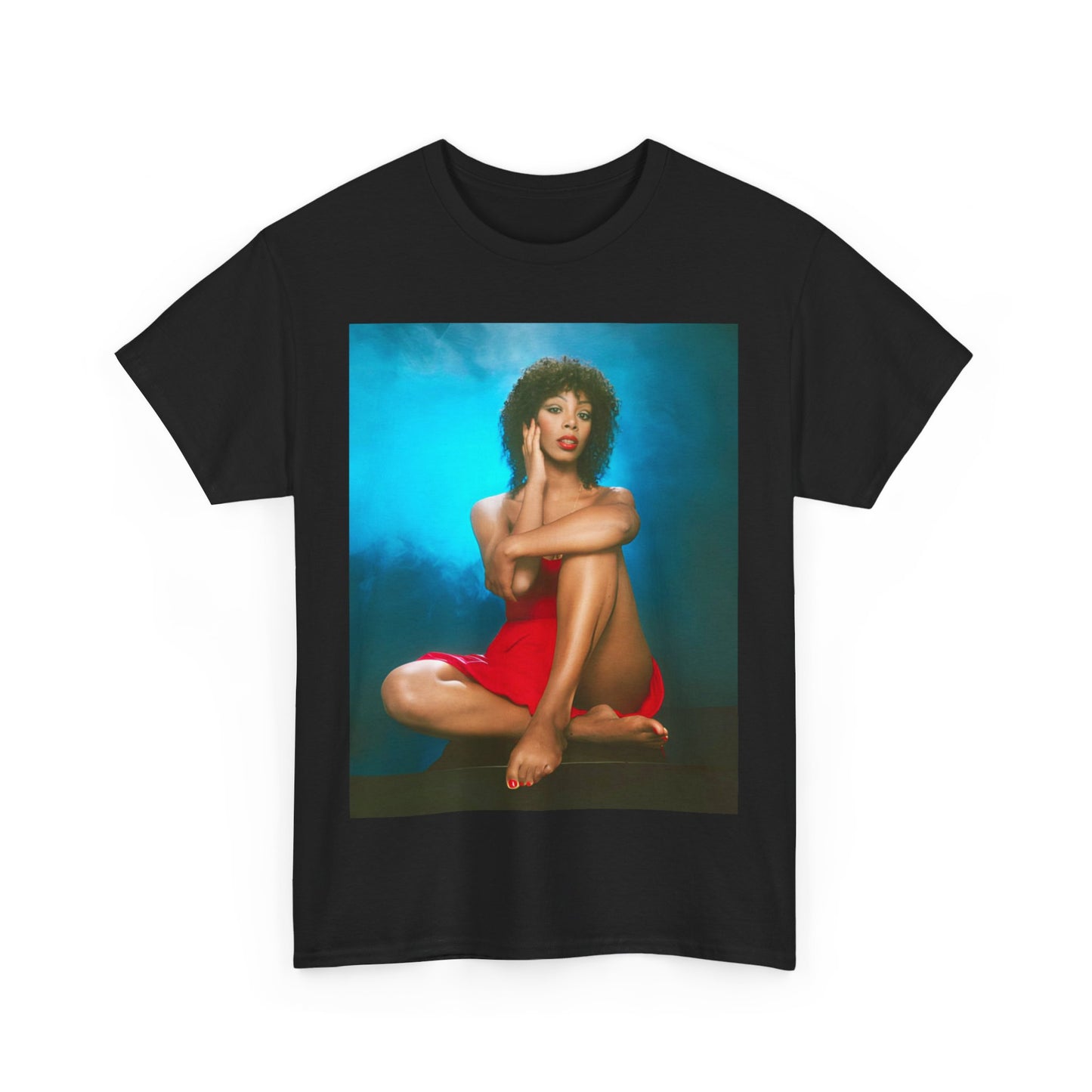 A black graphic t-shirt featuring a vintage 70s graphic of Donna Summer as a disco queen.