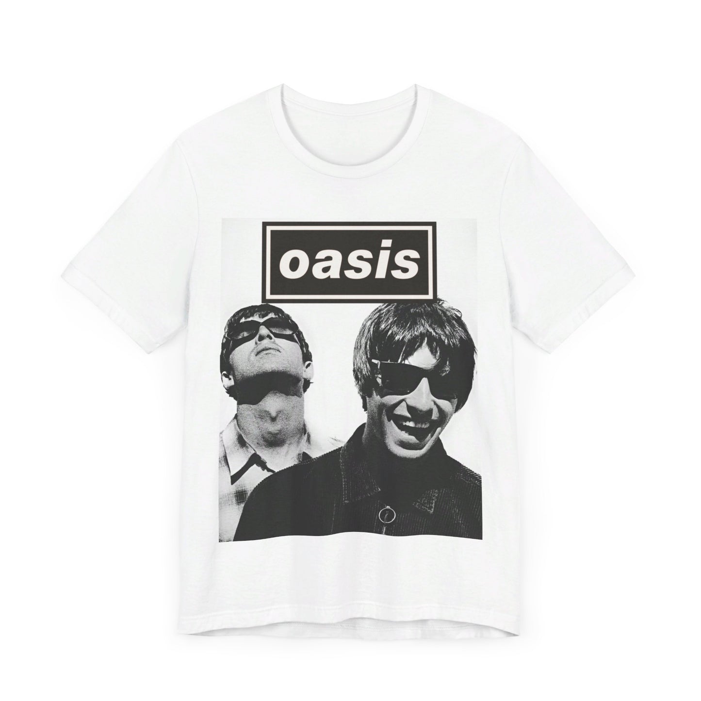 A black graphic t-shirt featuring a bold rock superstar graphic of Oasis.