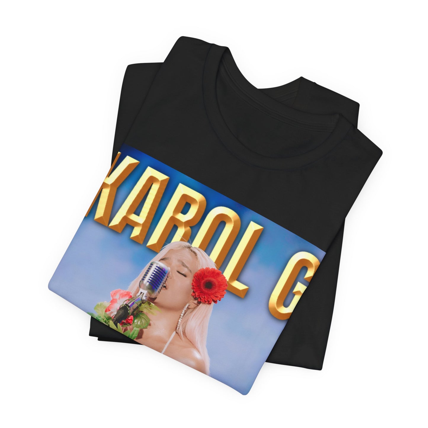 A black graphic t-shirt featuring a graphic of Karol G as a classic Latin pop queen.