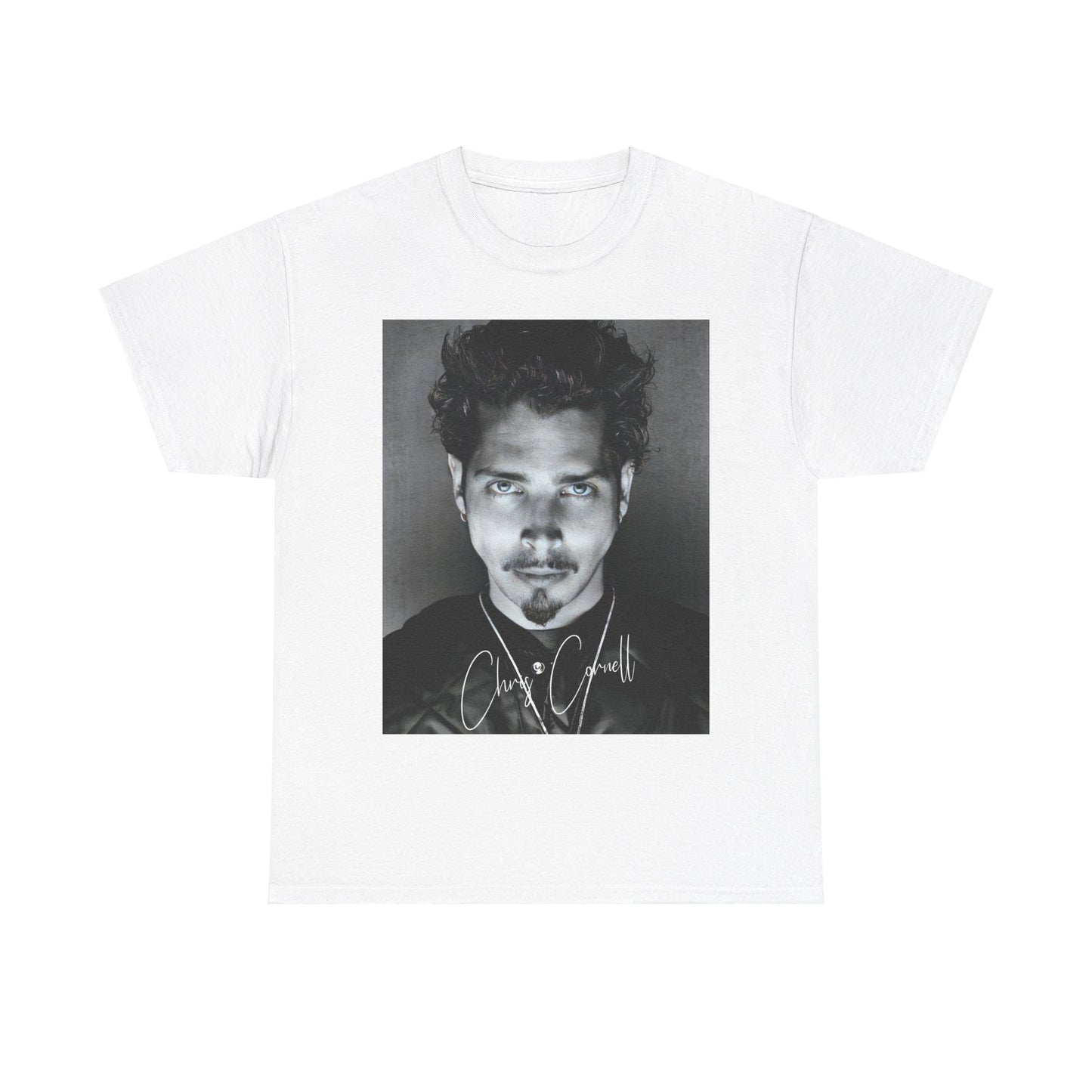 A black graphic t-shirt featuring a retro graphic inspired by Soundgarden's 'Black Hole Sun' and Chris Cornell.