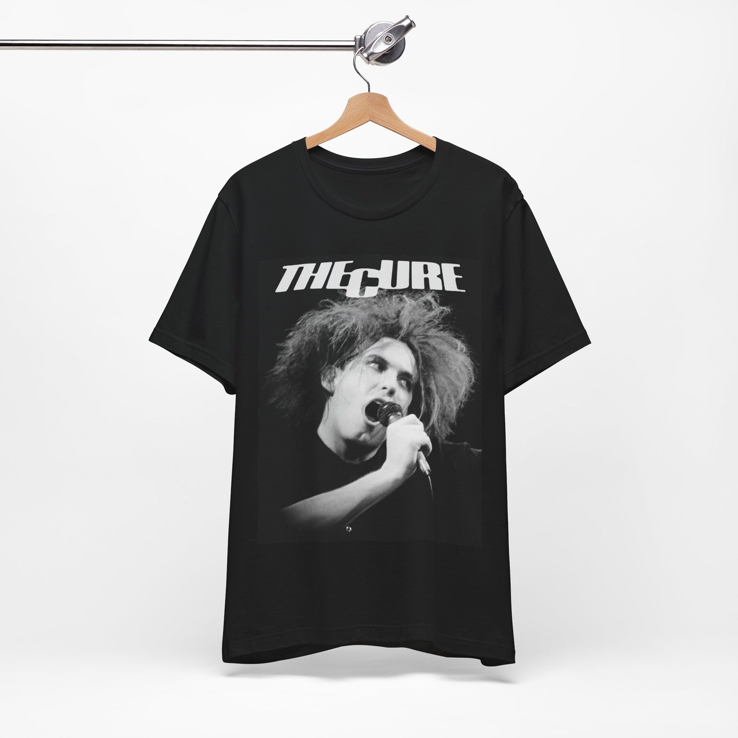 A black graphic t-shirt featuring a graphic of The Cure with a dark romanticism core aesthetic.