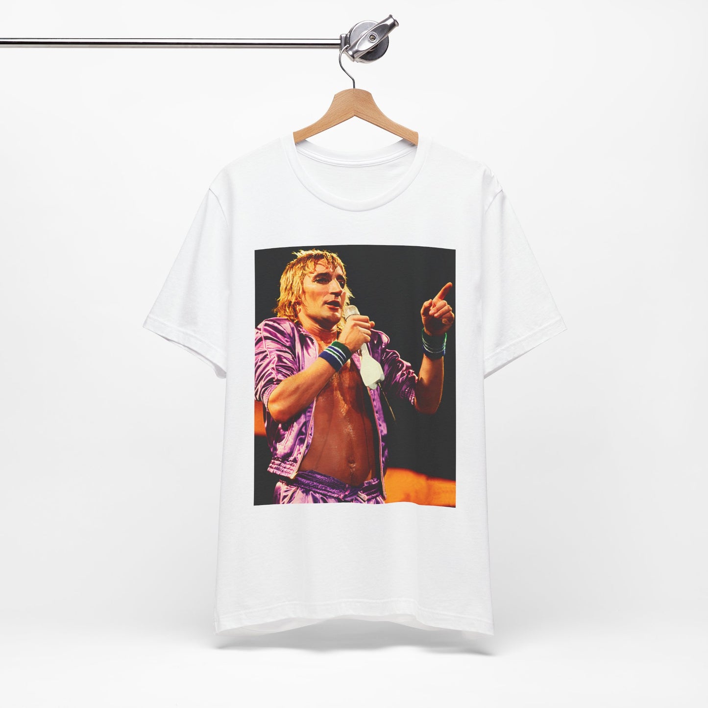 A black graphic t-shirt featuring a graphic of Rod Stewart with a chill 70s rock aesthetic.