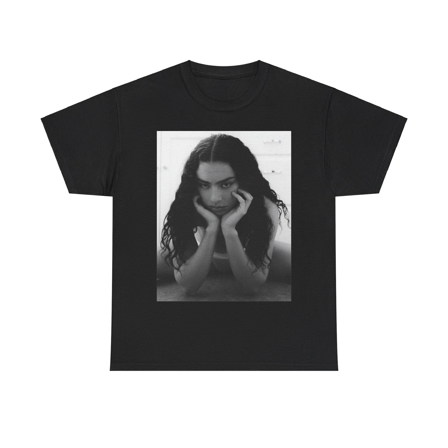 A black graphic t-shirt featuring a black and white, monochrome graphic or photo of Charli XCX.