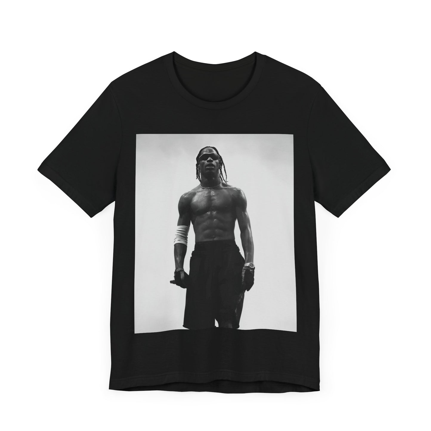 A black graphic t-shirt featuring a black and white portrait photo of Travis Scott.
