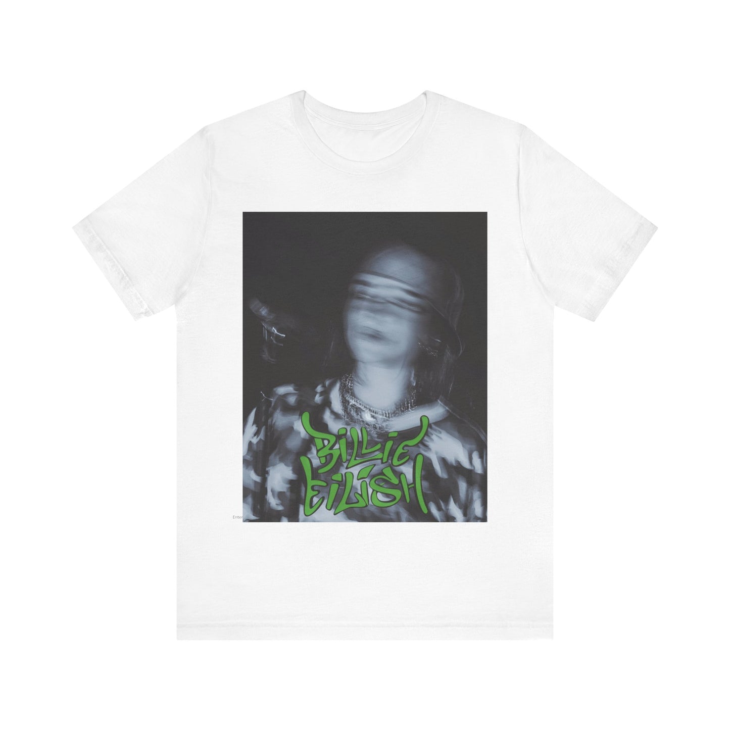 A photo of Billie Eilish in a classic 'anti-popstar' pose, with a bored expression and slouchy streetwear, printed on a graphic t-shirt.