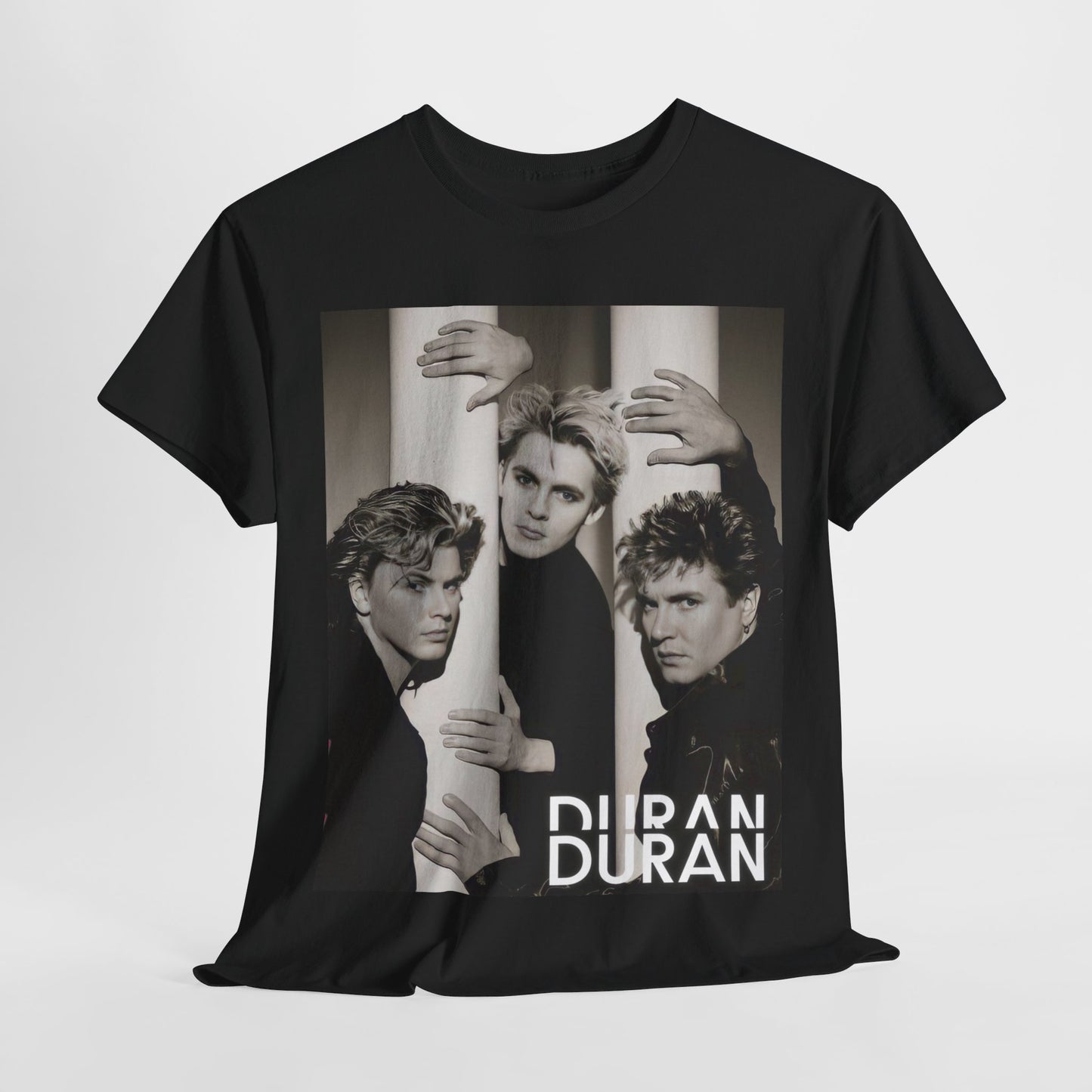 A black graphic t-shirt featuring a graphic related to Duran Duran's 'The Wild Boys' song or era.