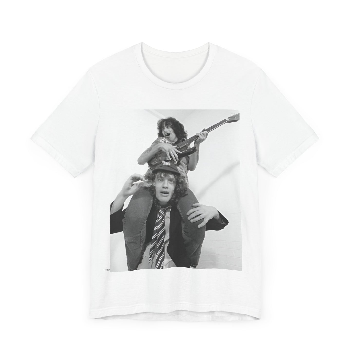 A black graphic t-shirt featuring a split image of AC/DC's Bon Scott and Angus Young, representing the band's iconic duo.