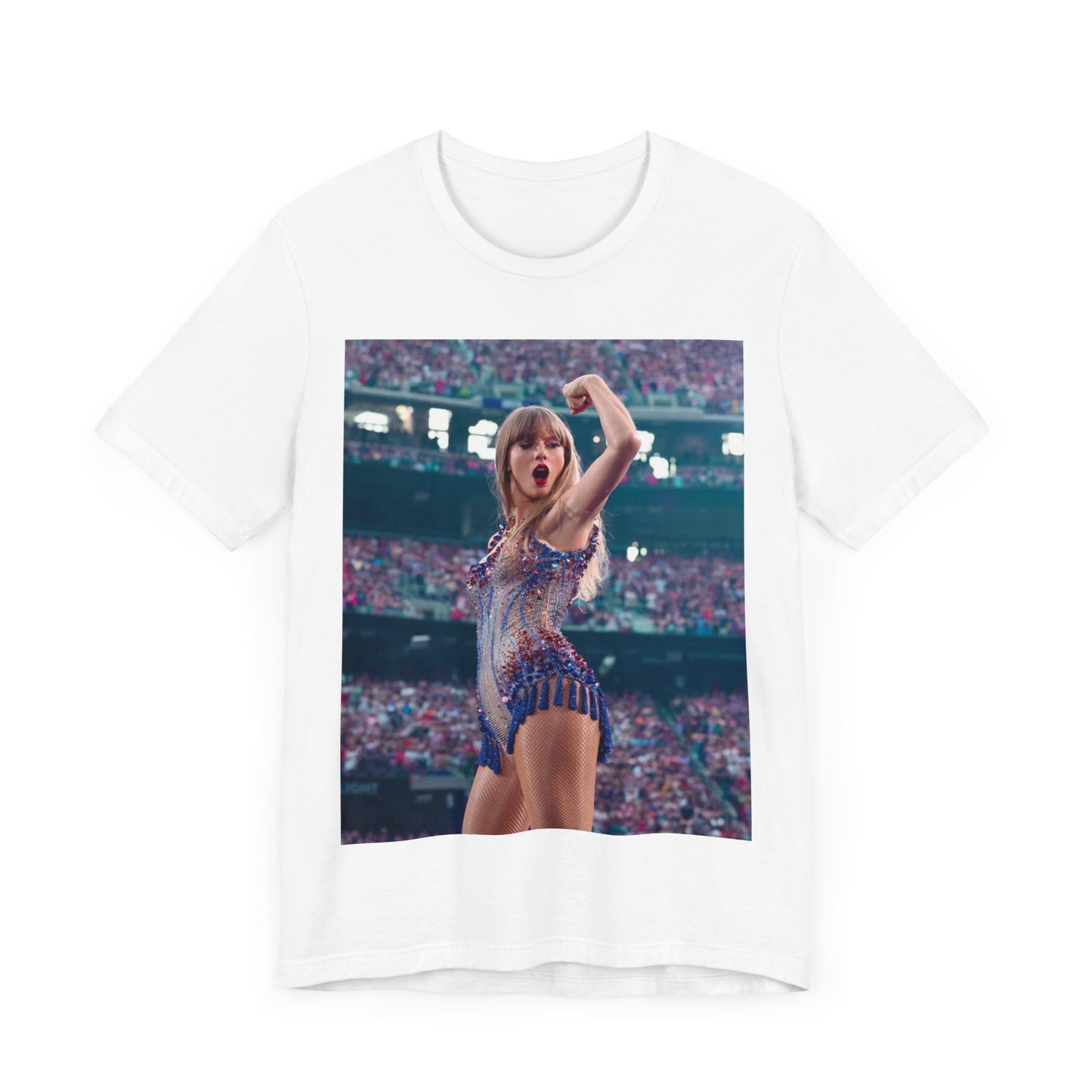 A black graphic t-shirt featuring a graphic or photo of Taylor Swift performing live on stage.