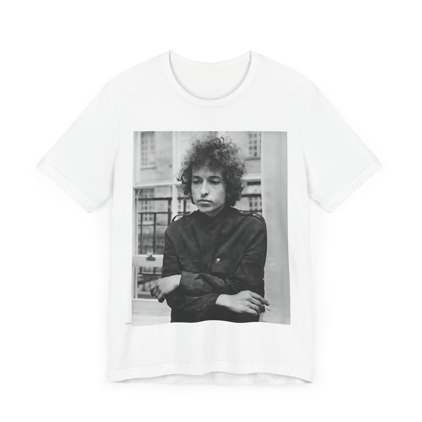 A black graphic t-shirt featuring a black and white graphic of Bob Dylan from the folk revival era.