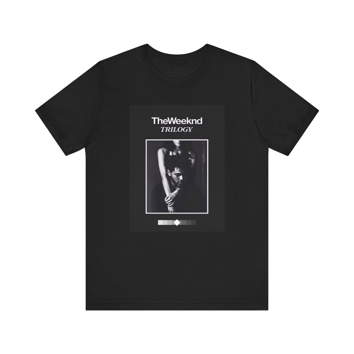 A black graphic t-shirt featuring a graphic related to The Weeknd's 'Trilogy' album.