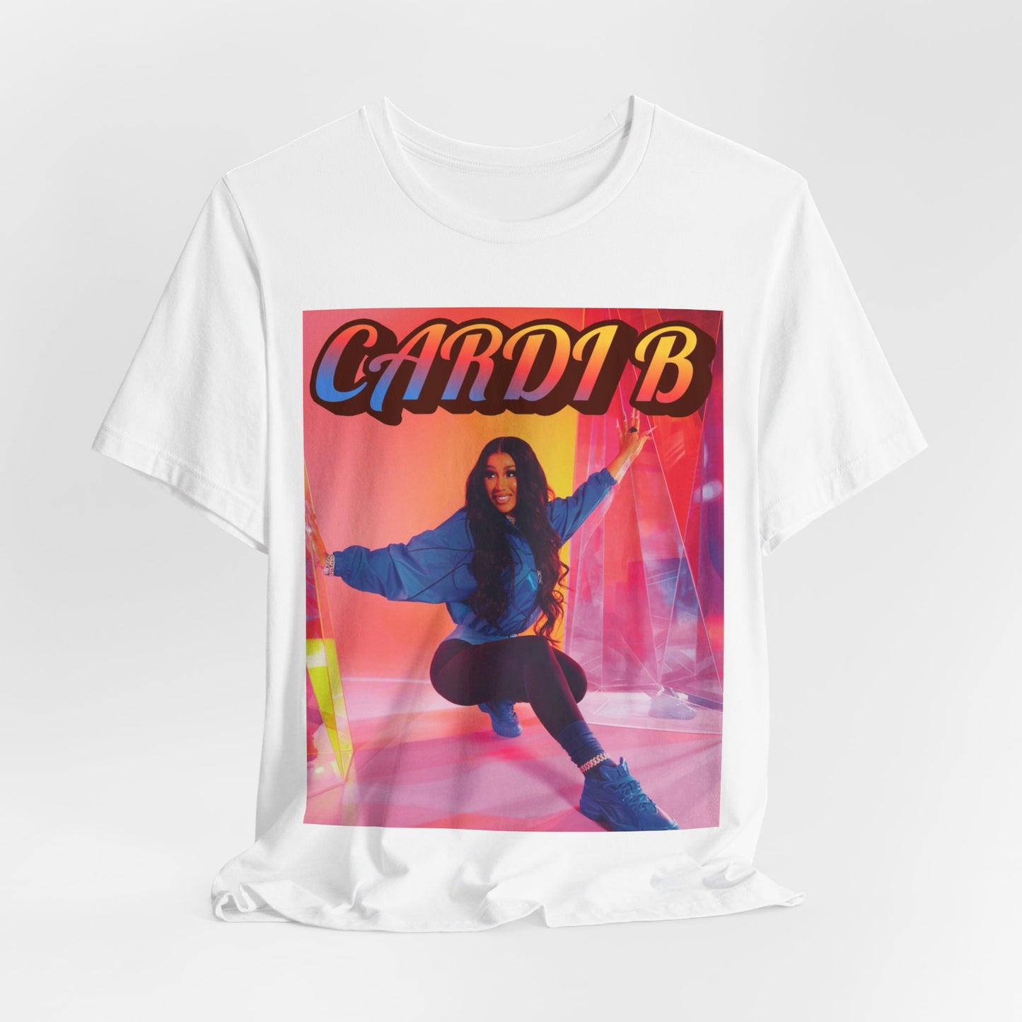 A black graphic t-shirt featuring a graphic of Cardi B, designed with a rap aesthetic.
