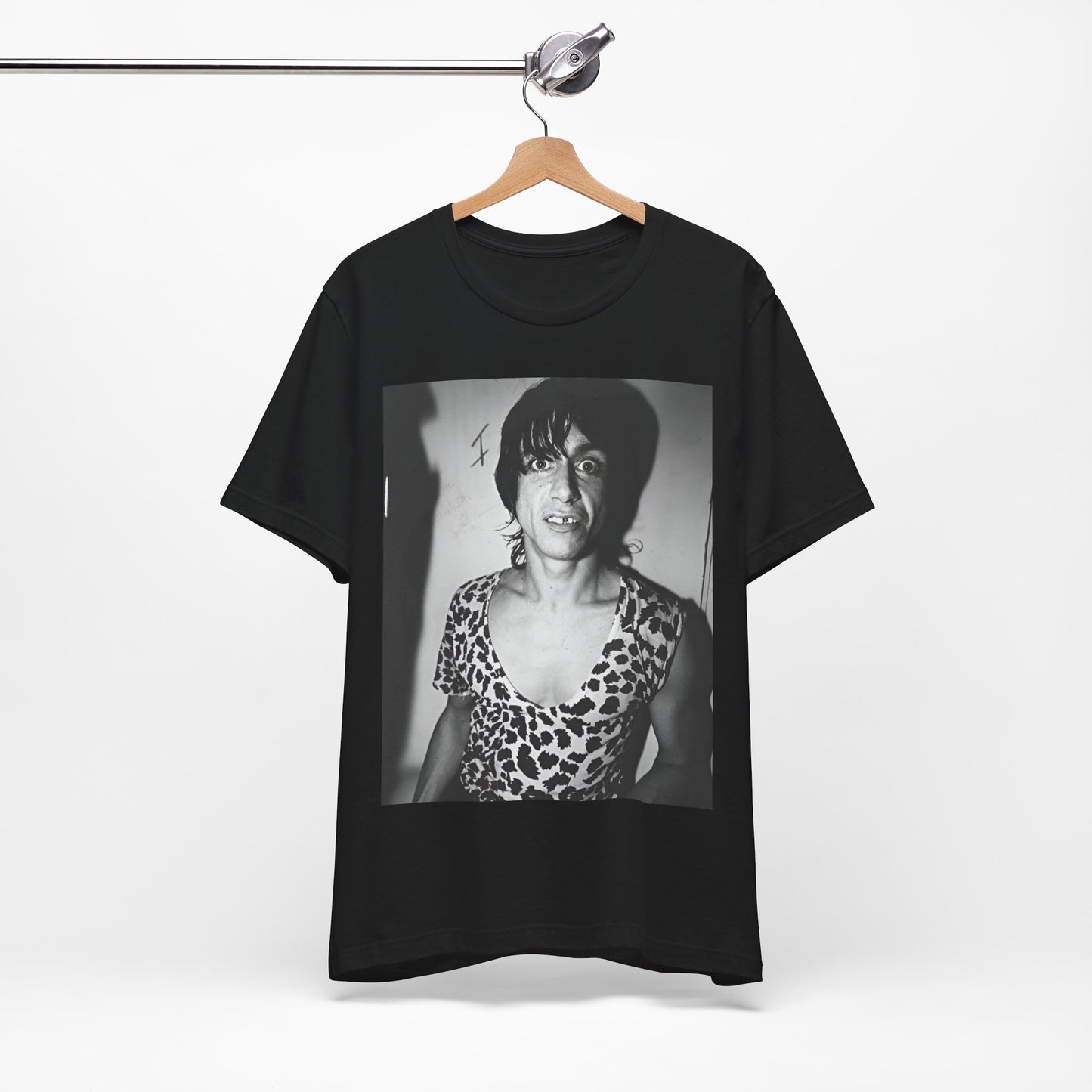 A black graphic t-shirt featuring a graphic of Iggy Pop and The Stooges in a punk style.