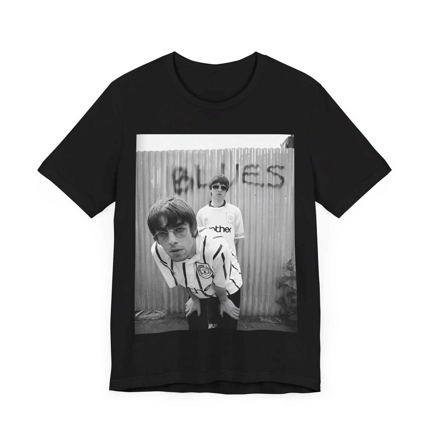 A black graphic t-shirt featuring a graphic of Liam and Noel Gallagher from Oasis, showing their support for Manchester City.