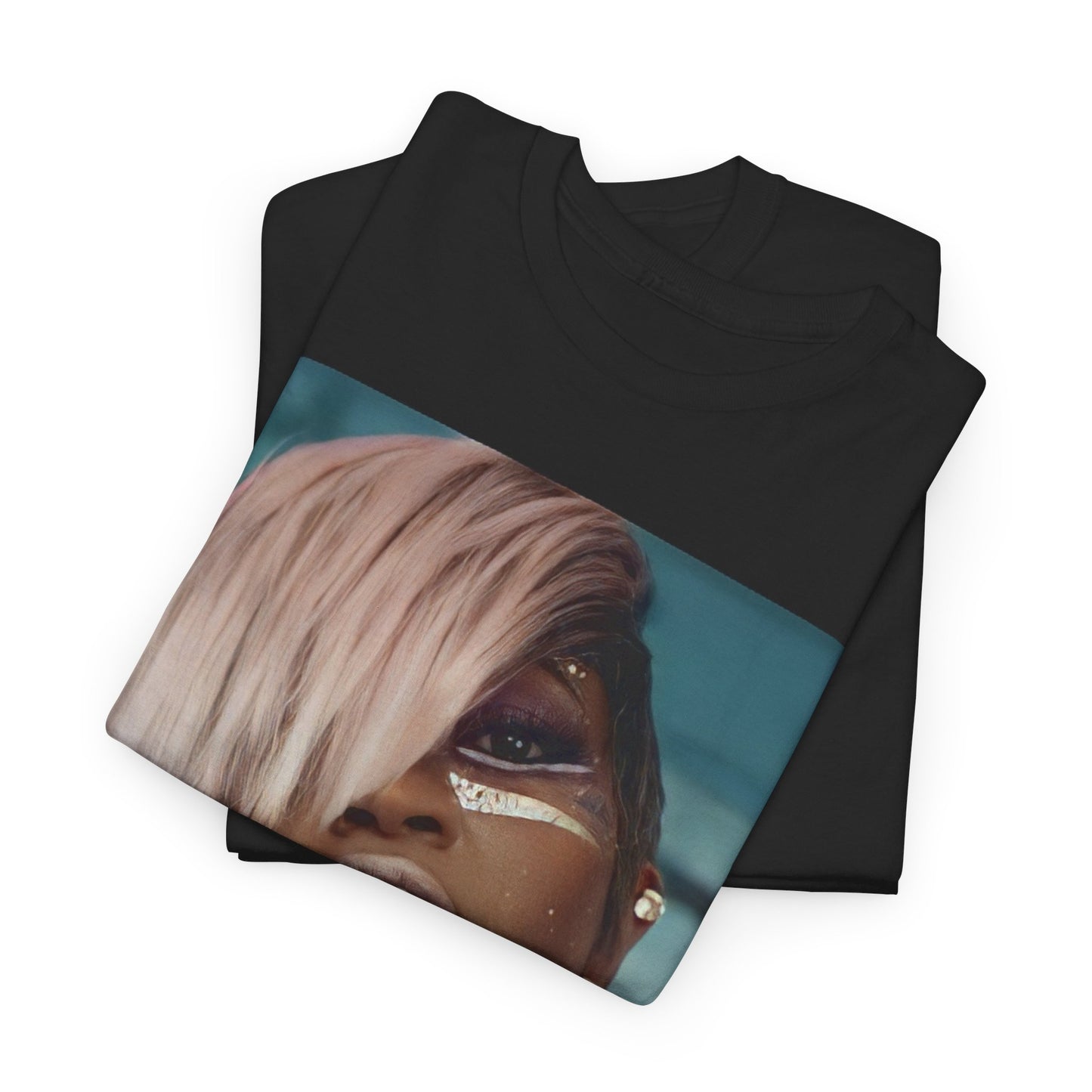 A black graphic t-shirt featuring a classic 90s rap aesthetic graphic of Missy Elliott.