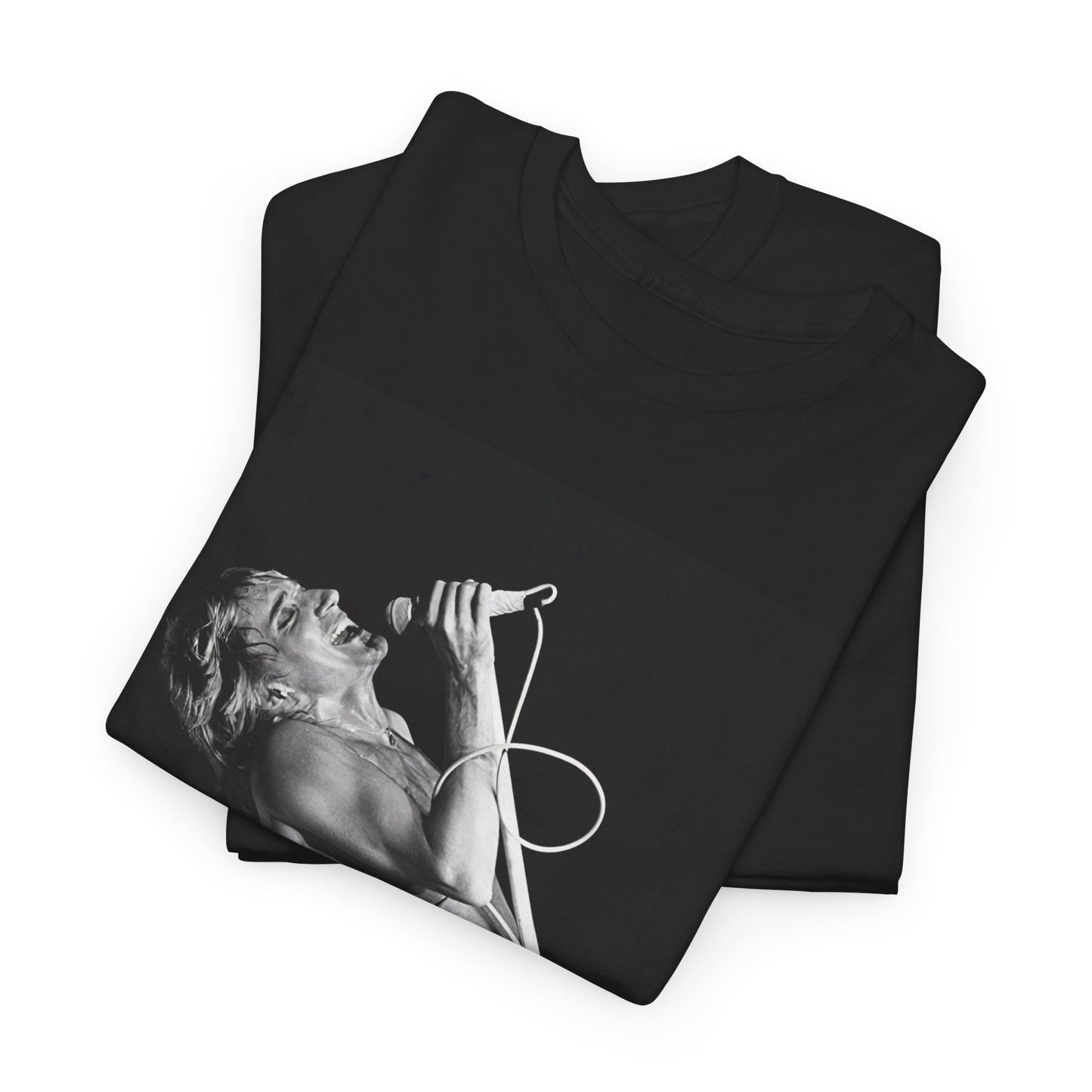 A black graphic t-shirt featuring a bold black and white graphic of Rod Stewart as a rock superstar.