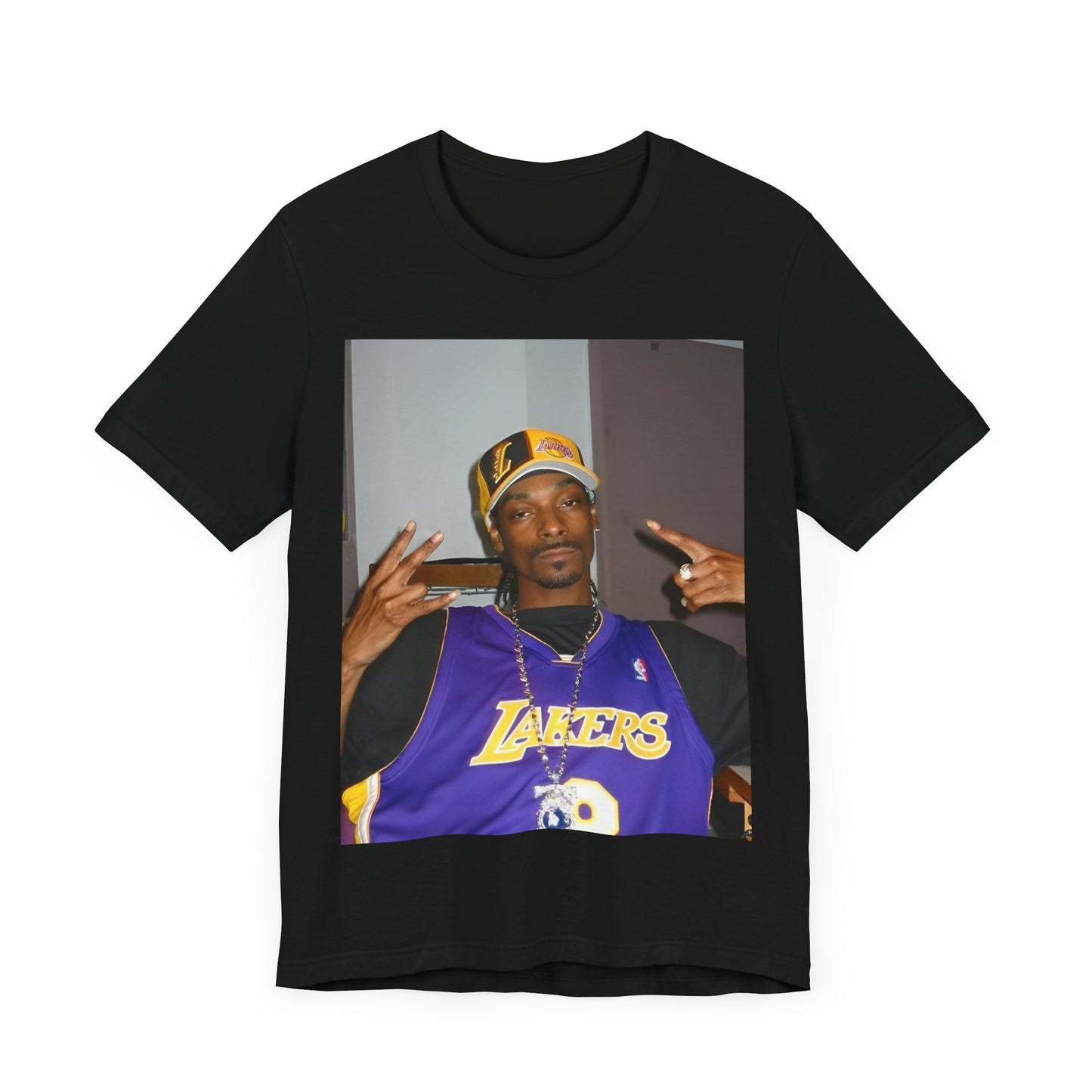 A black graphic t-shirt featuring a graphic of Snoop Dogg with Lakers branding or colors.