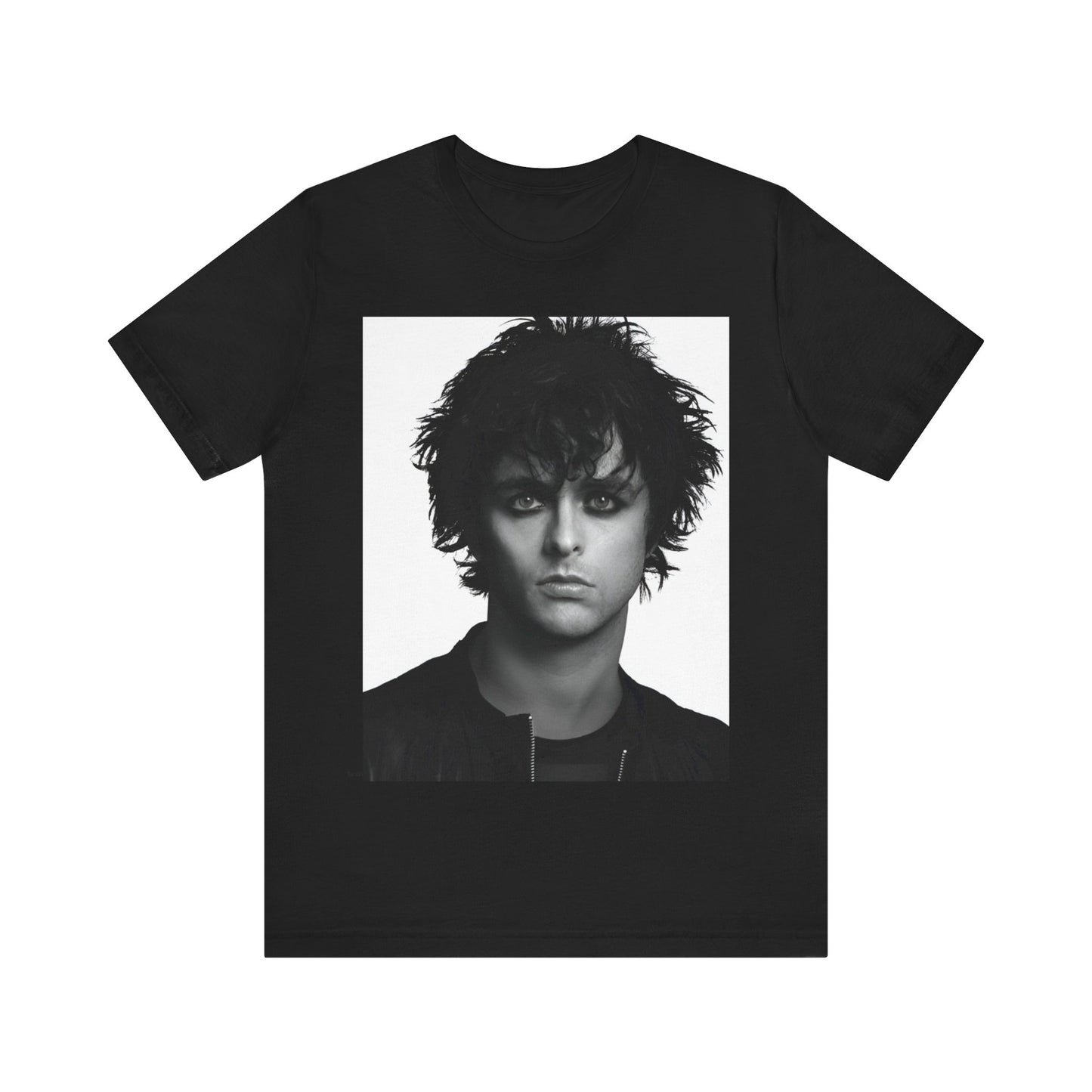 A black graphic t-shirt featuring a black and white portrait photo of Billie Joe Armstrong from Green Day.