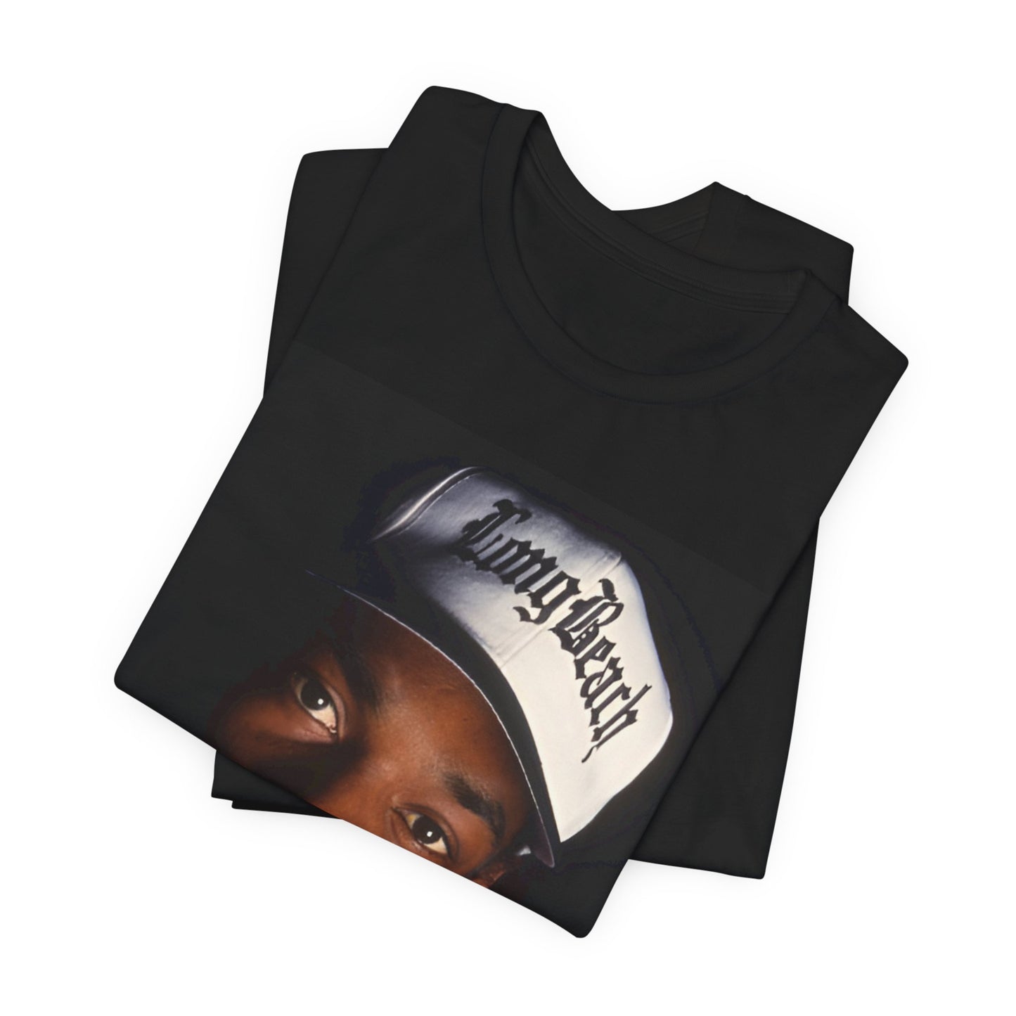 A black graphic t-shirt featuring a graphic of Snoop Dogg as a powerhouse OG rapper.