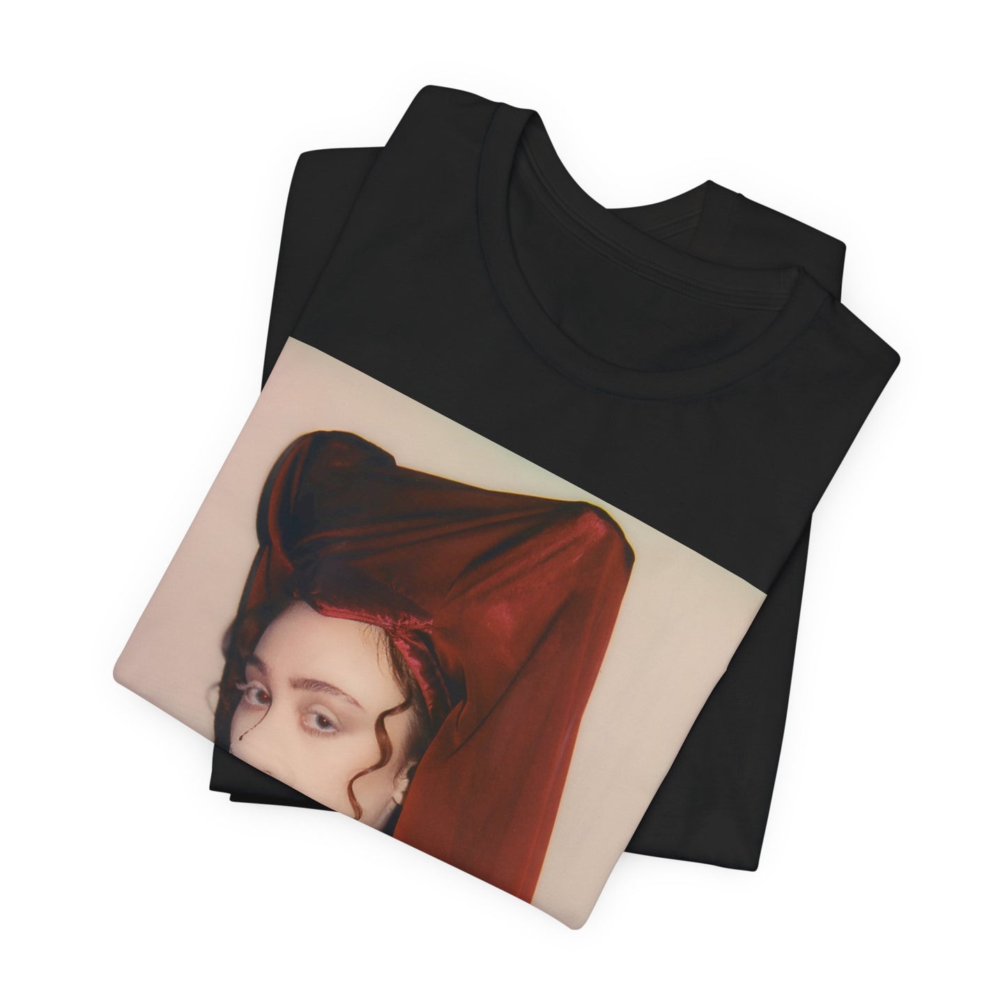 A black graphic t-shirt featuring a vintage-style graphic of Chappell Roan as a pop star.
