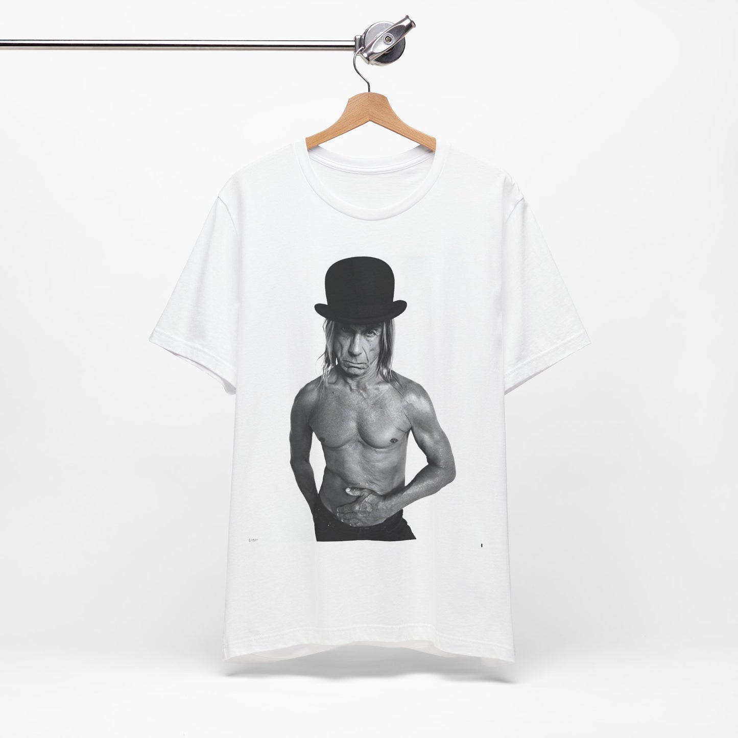 A black graphic t-shirt featuring a black and white photo of Iggy Pop wearing a hat.