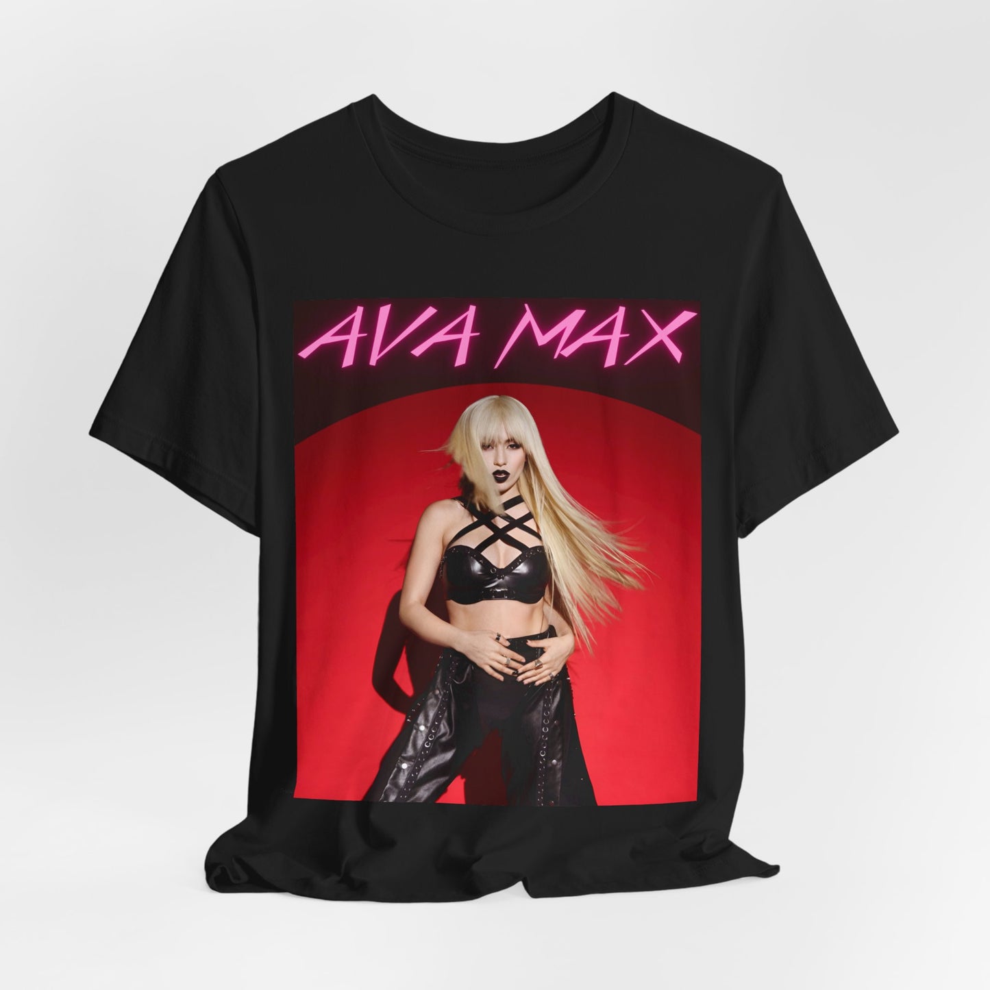 A black graphic t-shirt featuring a stylized graphic of Ava Max, emphasizing her status as a pop icon.