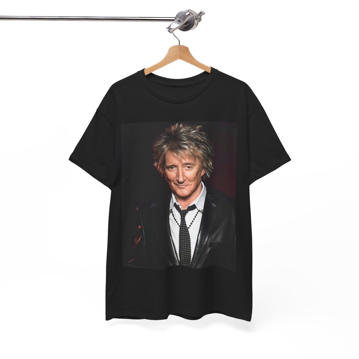 A black graphic t-shirt featuring a 90s portrait photo of Rod Stewart.