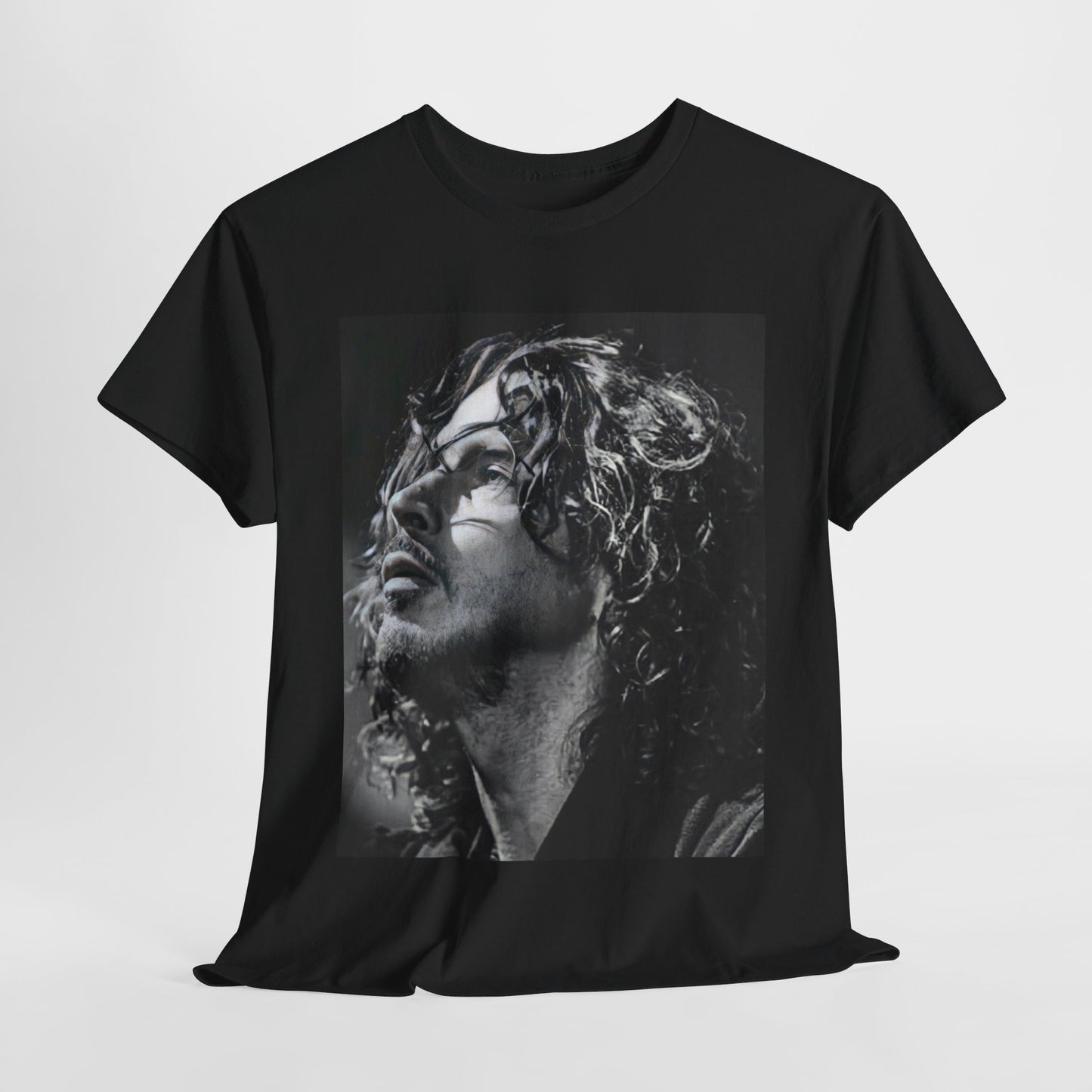 A black graphic t-shirt featuring a black and white graphic or portrait of Chris Cornell as a grunge icon.