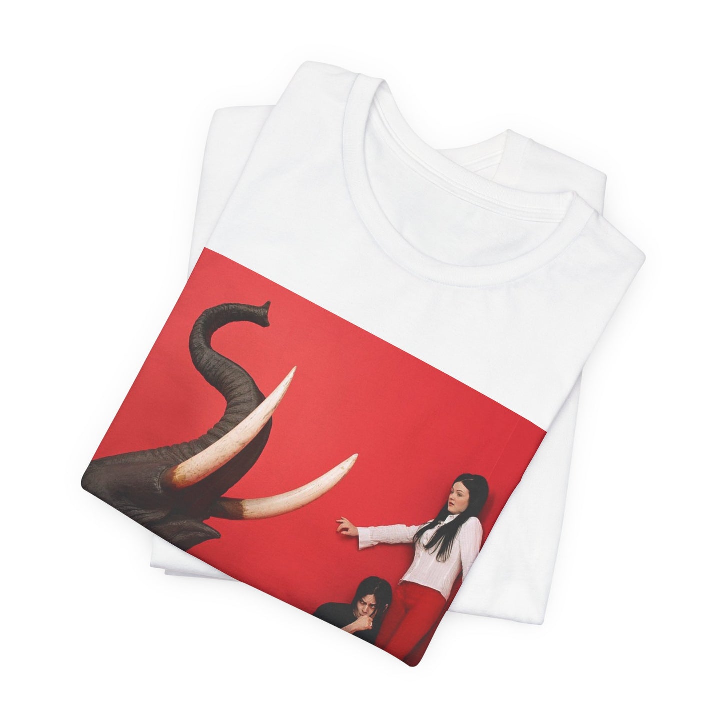 A black graphic t-shirt featuring a graphic related to The White Stripes' 'Elephant' album.