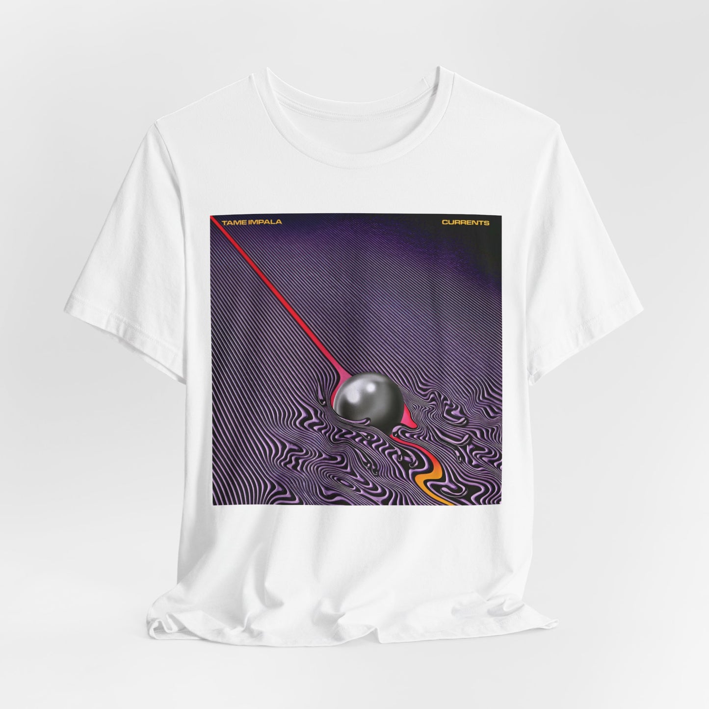A black graphic t-shirt featuring a graphic related to Tame Impala's 'Currents' album.