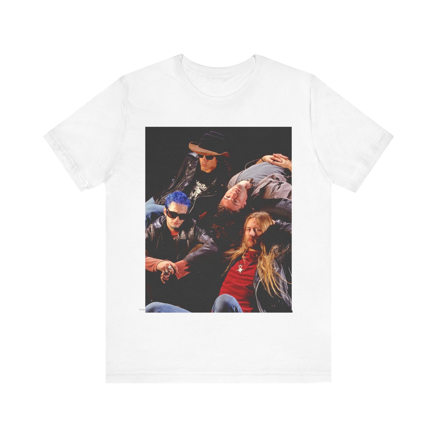 A black graphic t-shirt featuring a 90s grunge rock band graphic for Alice In Chains, possibly with band members or stylized elements.