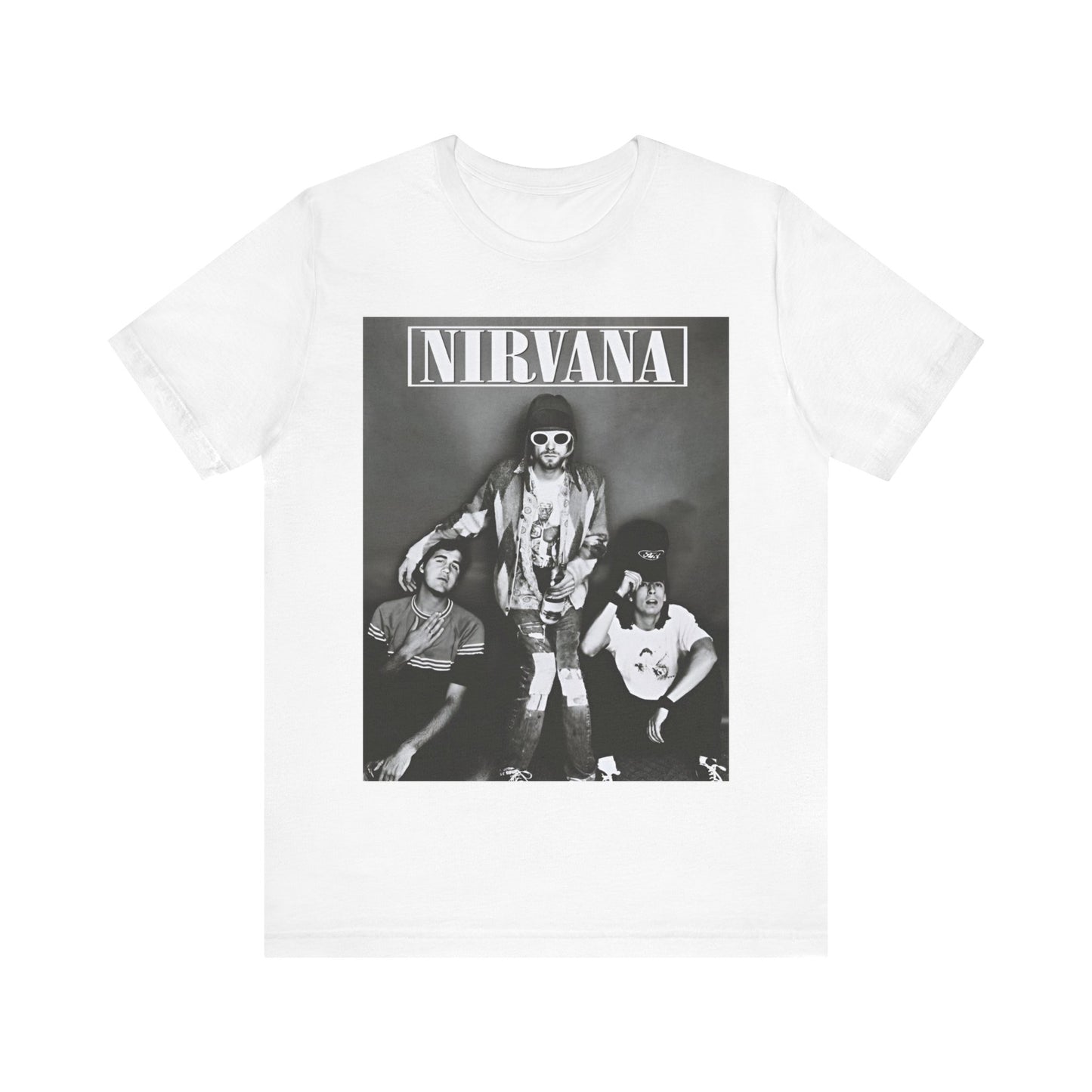 A black graphic t-shirt featuring a 90s rock rebels graphic of Nirvana.