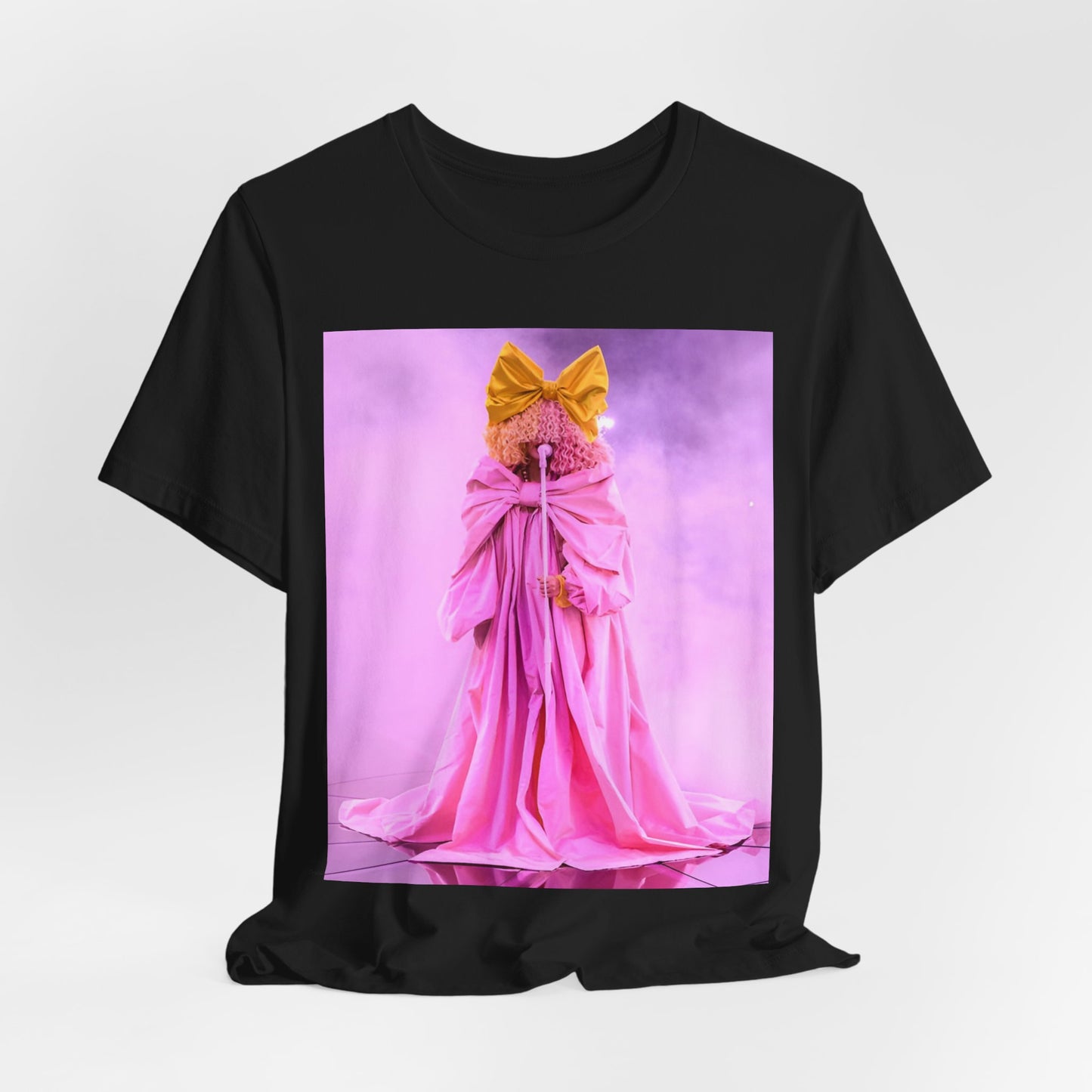 A black graphic t-shirt featuring a graphic related to Sia's 'Chandelier' song or live era.