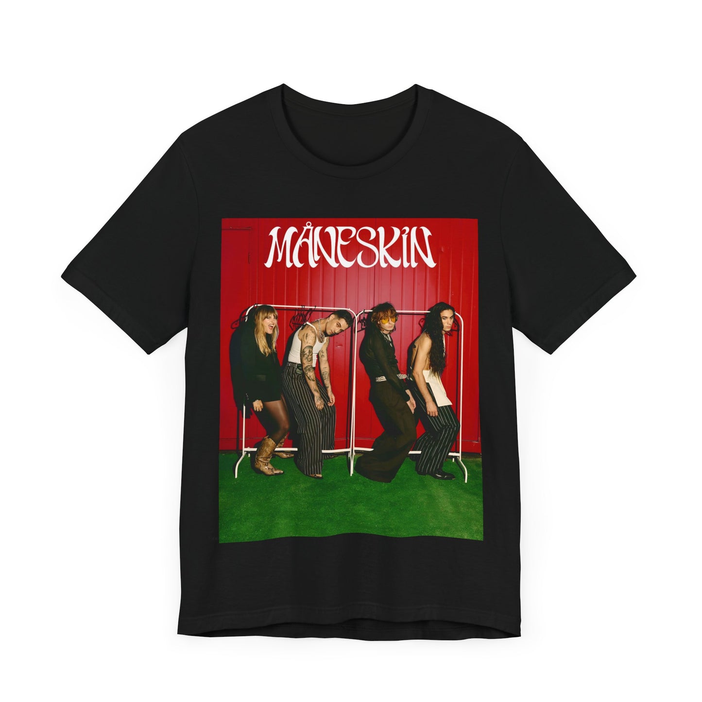 A black graphic t-shirt featuring a graphic related to Maneskin's 'RUSH' album era.