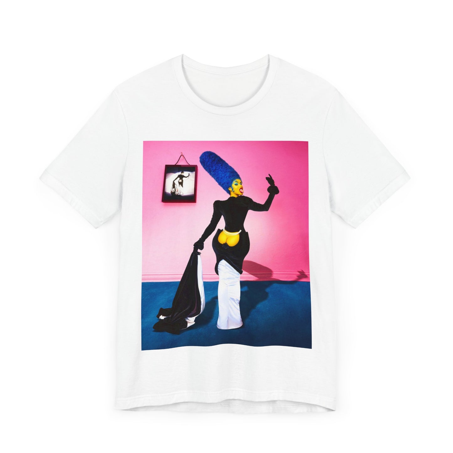 A black graphic t-shirt featuring a photo or graphic of Cardi B blended with elements or characters from The Simpsons.