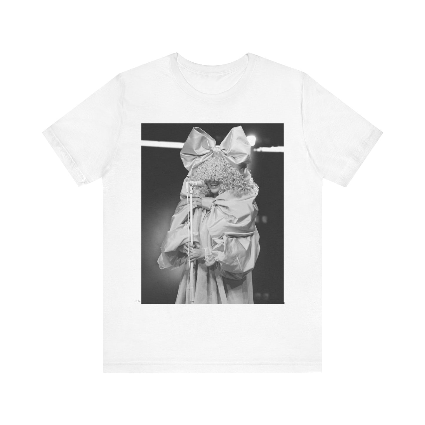 A black graphic t-shirt featuring a black and white, monochrome graphic or photo of Sia.