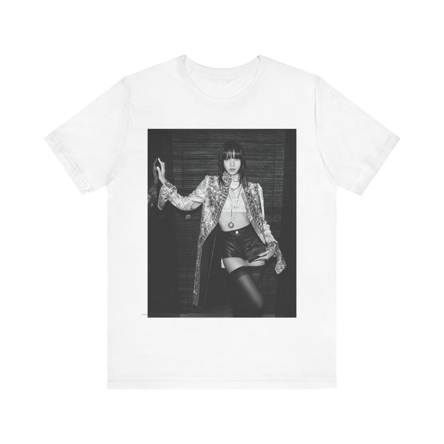 A black graphic t-shirt featuring a black and white, monochrome graphic or photo of Lisa.