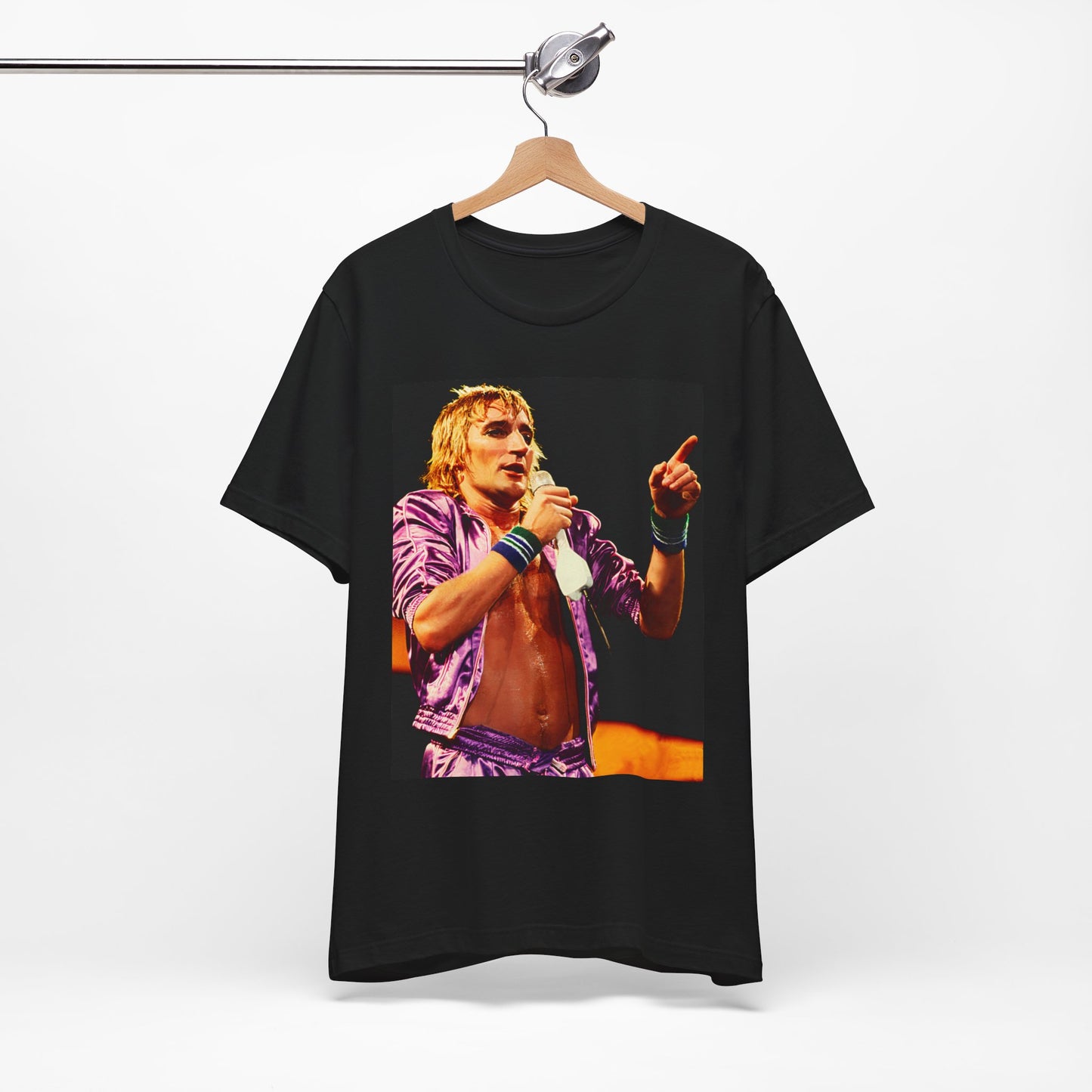 A black graphic t-shirt featuring a graphic of Rod Stewart with a chill 70s rock aesthetic.