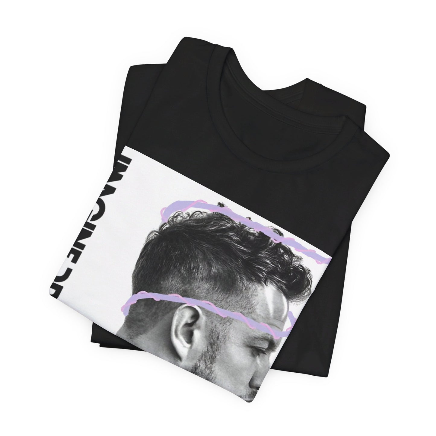 A black graphic t-shirt featuring a graphic of Imagine Dragons designed with a modern alt rock spirit.