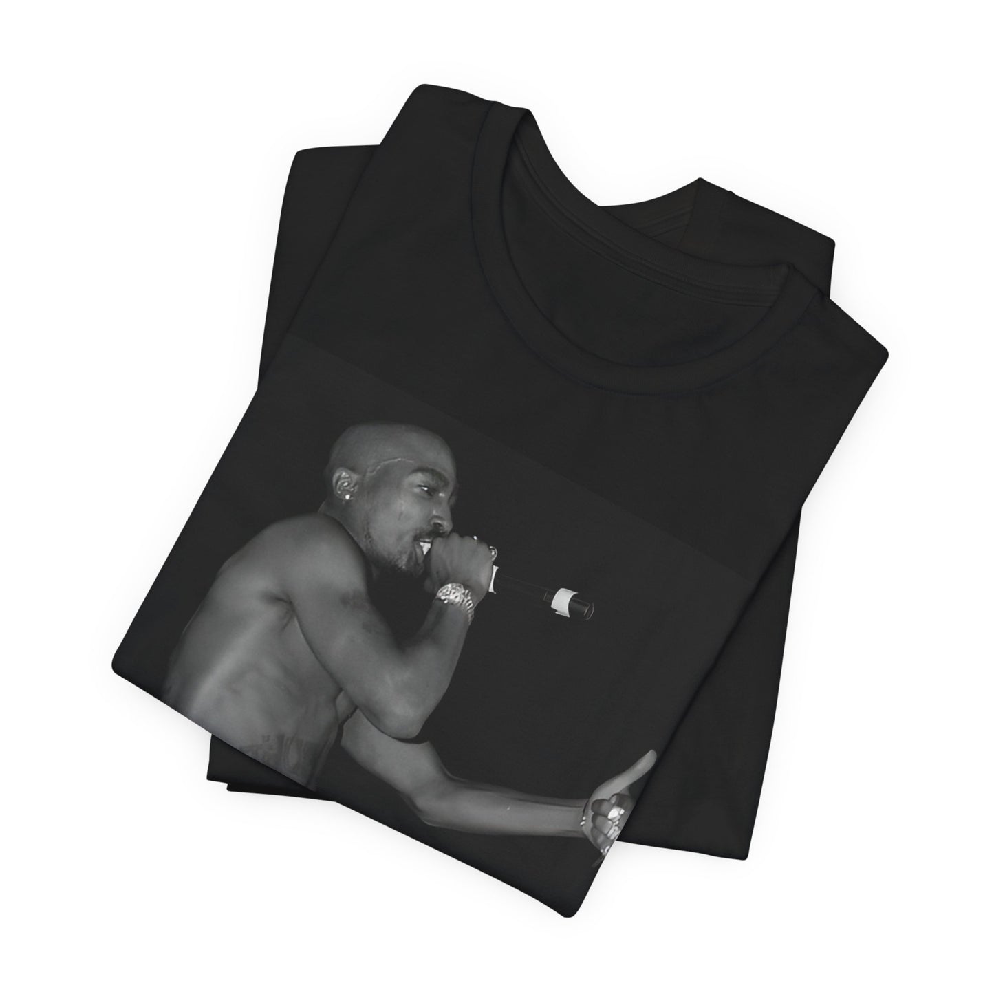 A black graphic t-shirt featuring a graphic of Tupac as a justice fighter.