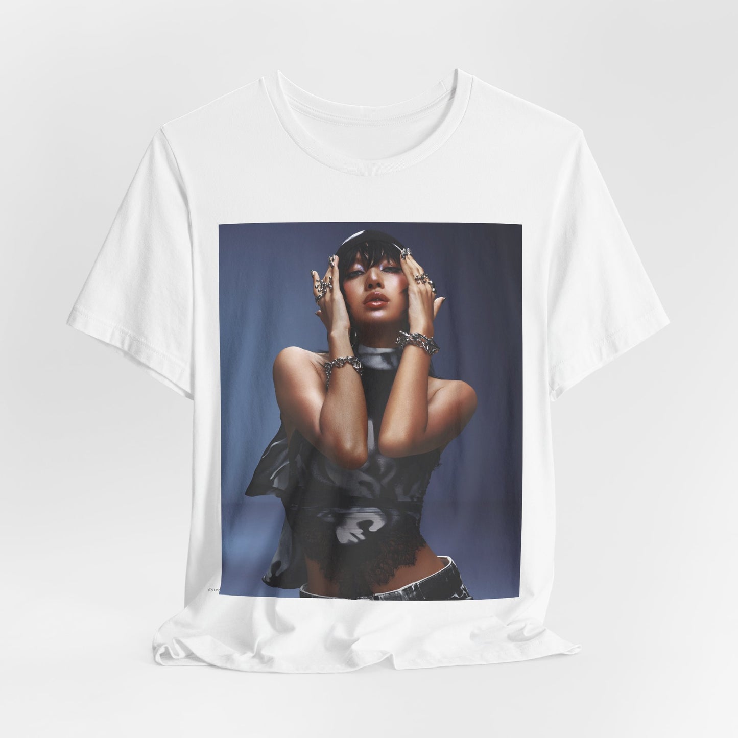 A black graphic t-shirt featuring a bold visual graphic of Lisa from K-Pop.