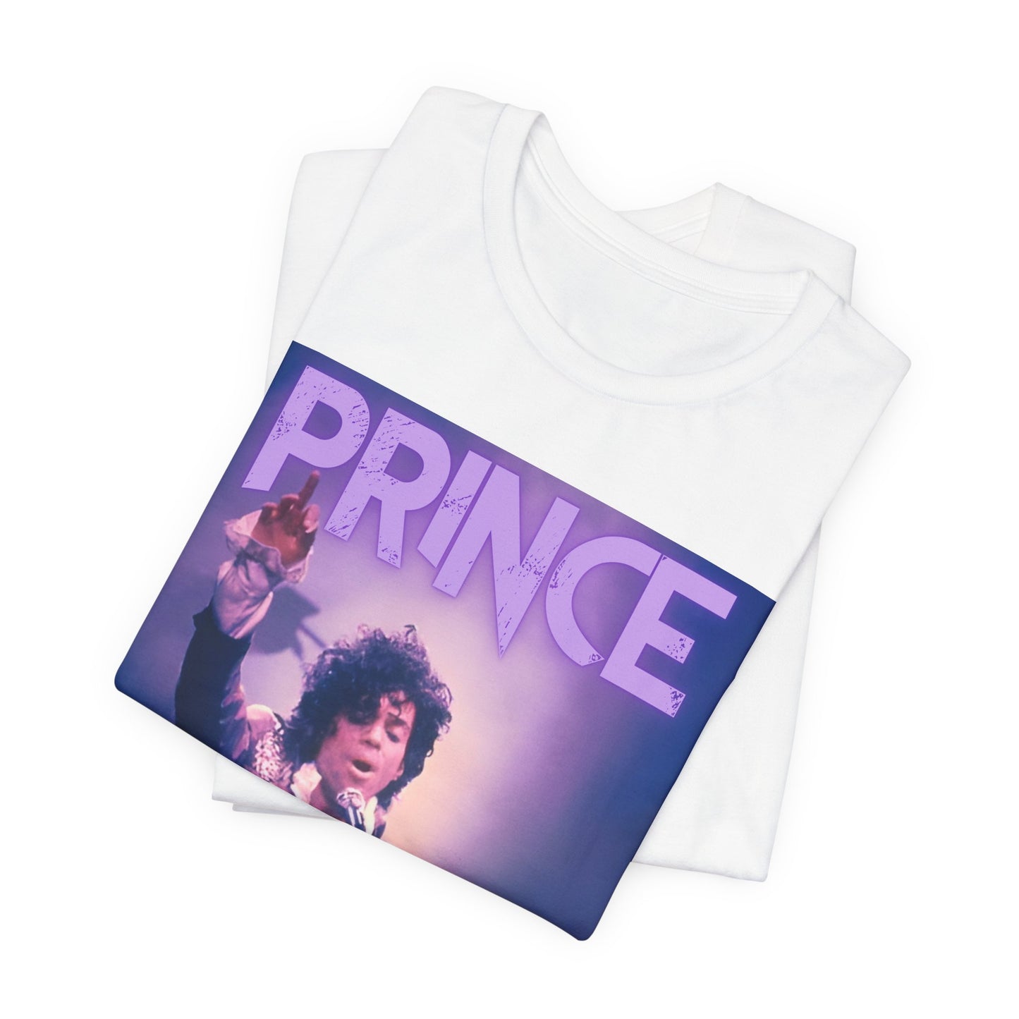 A black graphic t-shirt featuring a retro graphic related to Prince's 'Purple Rain' album era.
