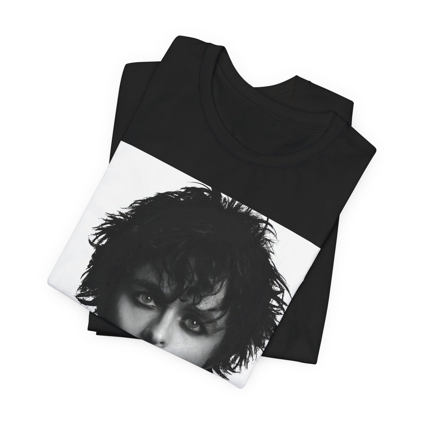 A black graphic t-shirt featuring a black and white portrait photo of Billie Joe Armstrong from Green Day.