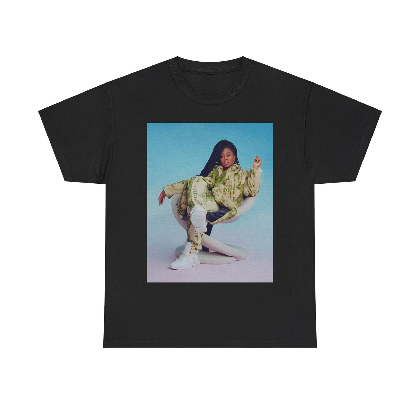 A black graphic t-shirt featuring a vintage graphic related to Missy Elliott's 'Work It' song or era.