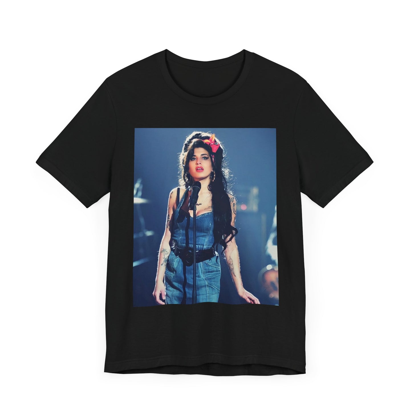 A black graphic t-shirt featuring a graphic related to Amy Winehouse's 'Back to Black' album, emphasizing a soulful aesthetic.