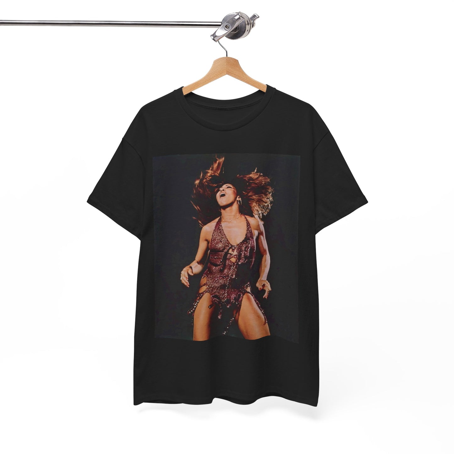 A black graphic t-shirt featuring an authentic live performance graphic of Tina Turner.